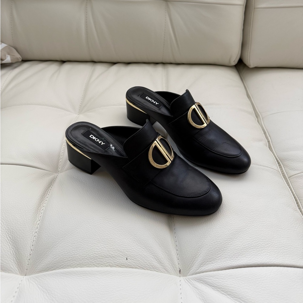 DKNY Black Mules with Gold Accents